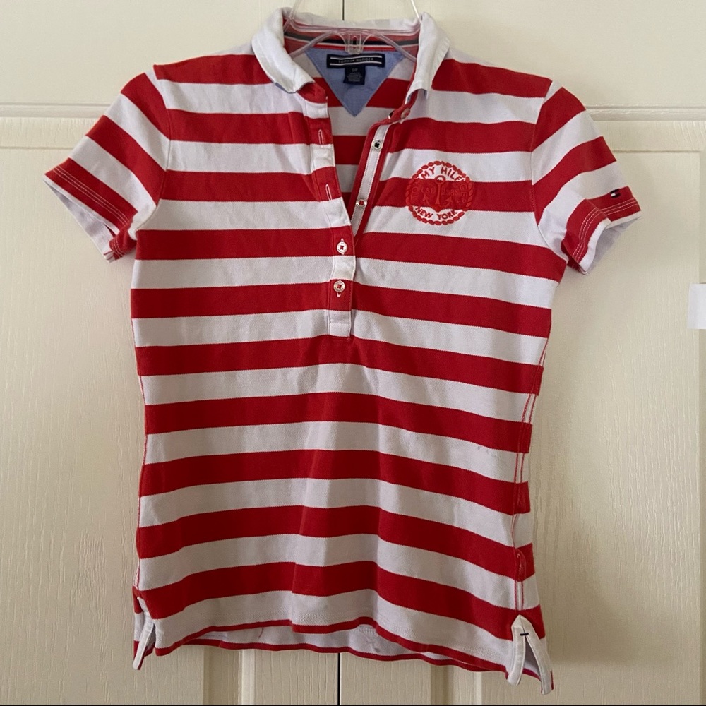 🍃 EUC🍃 Tommy Hilfiger Red Striped Embroidered Logo Polo Shirt Short Sleeve Top